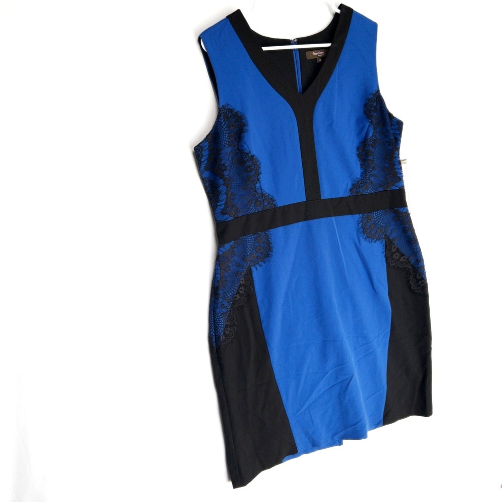 Phase Seven Colorblock Lace Overlay Royal Black Sheath Dress Womens 14 NWT $180